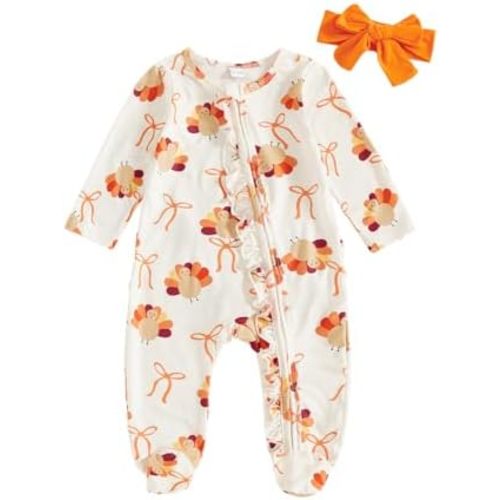Newborn Baby Girl Thanksgiving Outfit Ruffle Turkey Print Zip Up Long Sleeve Jumpsuit Footie Romper 2pcs Fall Clothes