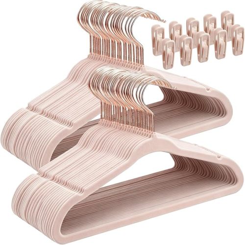50 Pack Baby Clothes Hangers, 14 Inch Non-Slip Felt Hangers for Child with Rotatable Rose Gold Hook & 10 Removable Clips, Space-Saving Slim & Durable Kids Hanger for Children's Clothes, Pink