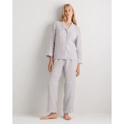 100% European Linen Long Sleeve Pajama Set with Piping