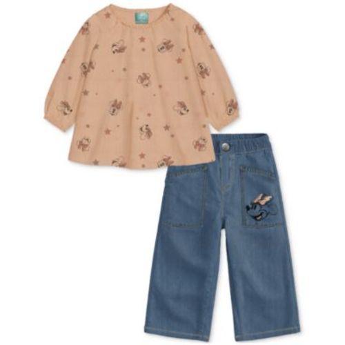 Baby Girls Cotton Minnie Mouse Gauze Top & Denim Pants, 2 Piece Set