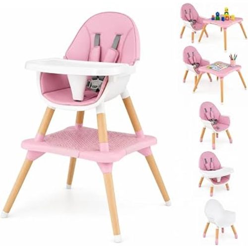 HONEY JOY Baby High Chair, 6-in-1 Convertible Wooden Highchair for Babies and Toddlers/Table Set/Toddler Chair with Safety Harness, 4-Position Removable Feeding Tray (Pink)