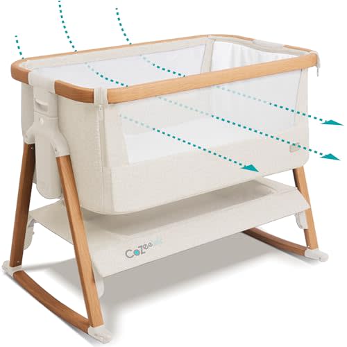 Tutti Bambini CoZee® Air Baby Bassinet & Bedside Sleeper, Walnut & Ecru | Rocking Bassinet for Baby, Fast-Folding with Travel Bag, Deluxe Airflow Mattress & 6 Mattress Heights, 0-6 Months