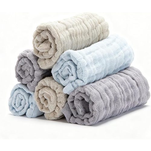 Organic Muslin Baby Washcloths 6 Pack Baby Bath Face Towel 12x12 Inch Extra Absorbent and Soft Burp Cloth and Wash Cloths for Newborn-Infants On Sensitive Skin (Blue Brown Grey)