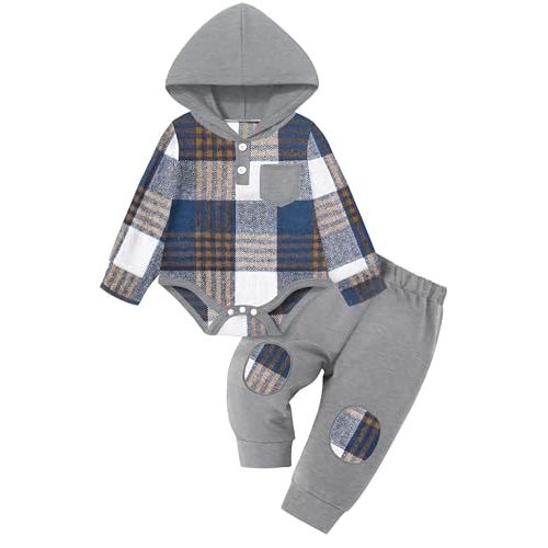 Fommy Baby Boy Clothes Flannel Plaid Outfits Long Sleeve Hoodie Romper Fall Winter 2 Pcs Clothes for Boy