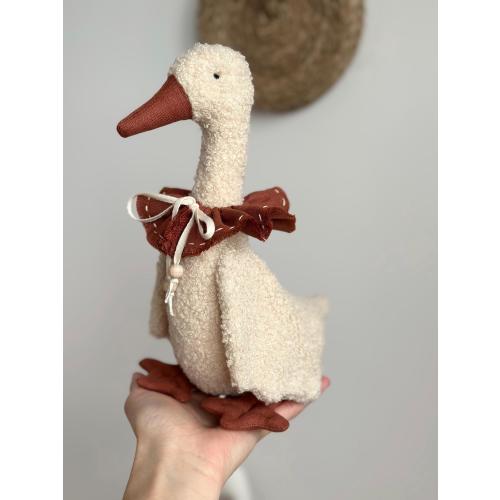 Handmade Plush Goose – Bouclé Soft Decorative Goose Toy with Terracotta Linen Details – Baby Shower Gift, Scandinavian Nursery Plush