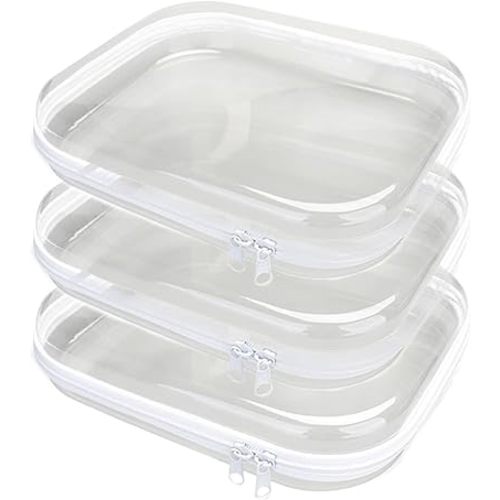 3PCS Clear Hard Plastic Zipper Case, Double Zippers Hard Pouch, Portable Travel Organizer Bin Clear Makeup Bag for Toy Storage, Snack Bag, Cosmetics, Diaper Bag, Toiletry Bag (3PCS-M)