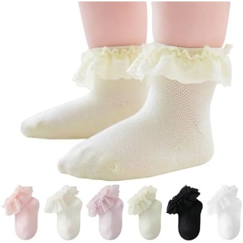 EPEIUS Baby Lace Socks Newborn Girl Eyelet Ruffle Socks Infant Toddler Dress Crew Sox 0-6/6-12/12-24 Months