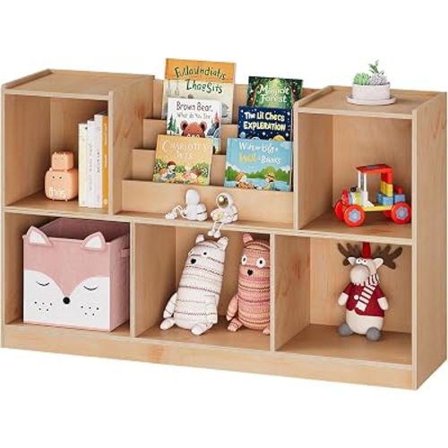 2-Tier Montessori Shelf and Toy Storage Organizer, 5-Compartment Toddler Bookshelf with Book Rack for Kids Rooms, Playroom, Nursery and Classroom (Natural)