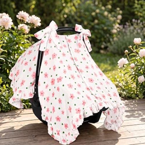 Hooyax Muslin Baby Car Seat Cover Breathable Canopy for Infant, Bow-Tie Stroller Cover, Newborn Carseat Shade for Sun, Wind & Dust Protection, 2-in-1 Nursing Cover & Nap Blanket(Flower)