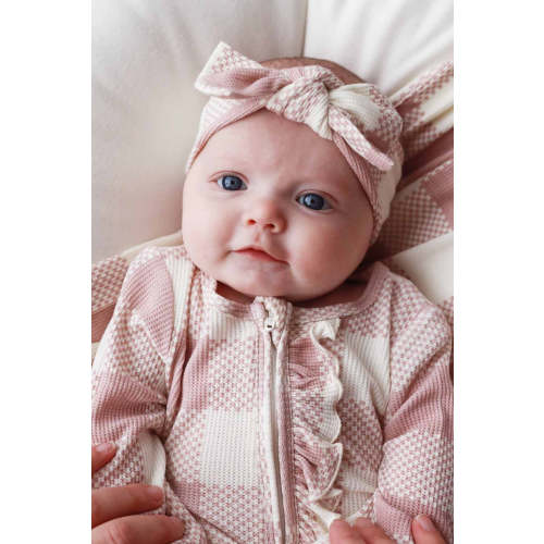 Big Check Bamboo Waffle Zipper Ruffle One-Piece Footie in Rosy | Caden Lane