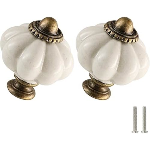Antique White Pumpkin Knobs 12 Pack Ceramic Cabinet Knobs Vintage Drawer Pulls - Antique Dresser Pulls with Screws for Closet Drawer Cupboard Cabinet and DIY Home Project