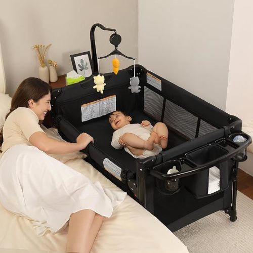 Pack and Play 4-in-1 with Bassinet, Changing Table and Portable Crib, Beige | One-step fold, breathable mesh, side storage, locking wheels, for newborns to toddlers