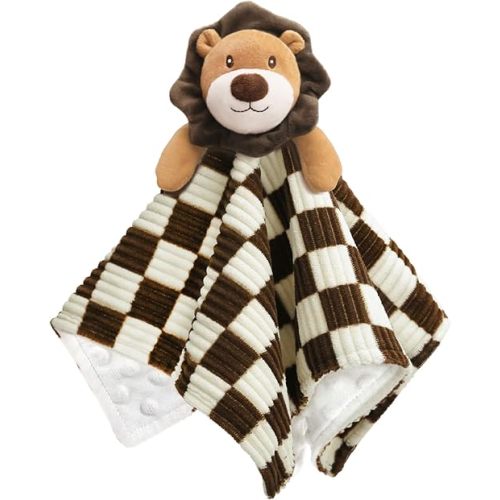 Baby Lovey Blanket for Boys Girls Super Soft Checkerboard Gingham with Minky Dot Fabric Backing Lion Lovely Black 14 Inch