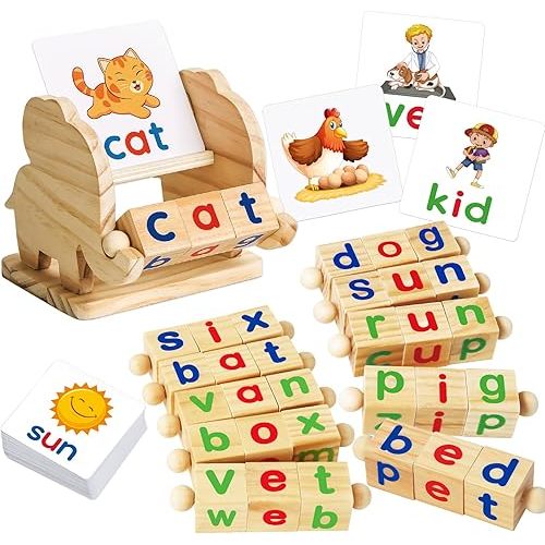 Montessori Learning and Educational Toys Gifts for Kids 3 4 5 Years, Wooden Reading Blocks Toys, Learning Activities for Preschool Kindergarten, Turning Rotating Matching Flash Card Games