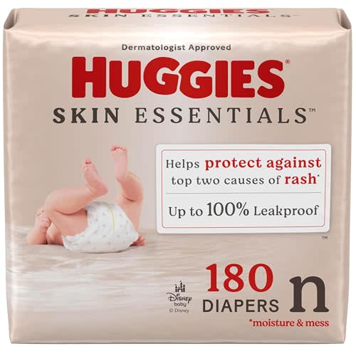 Huggies Size Newborn Diapers, Skin Essentials Baby Diapers, Size Newborn (6-9 lbs), 180 Count (3 Packs of 60), Packaging May Vary