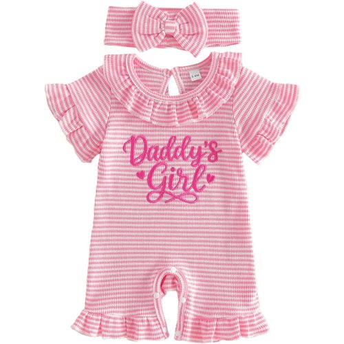 Newborn Baby Girl Summer Outfit Romper Hi I'm New Here Embroidery Ruffle Jumpsuit Infant Waffle Knit Clothes