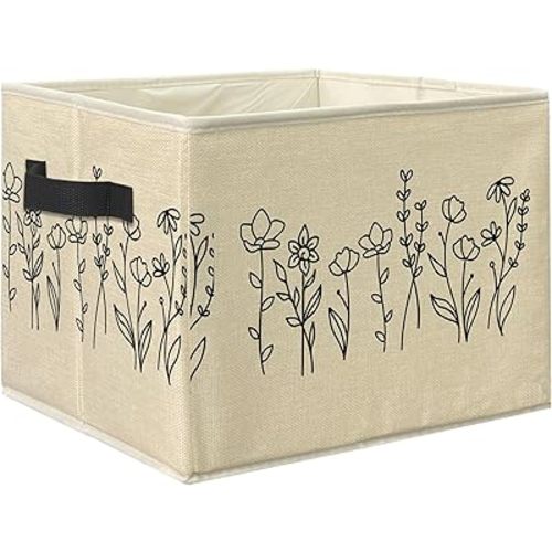 Knibeo Beige Rustic Wildflower Fabric Storage Bins for Shelves Closet, Natural Minimalist Floral Plants Botanical Collapsible Cube Baskets Organizer for Clothes Books Toys