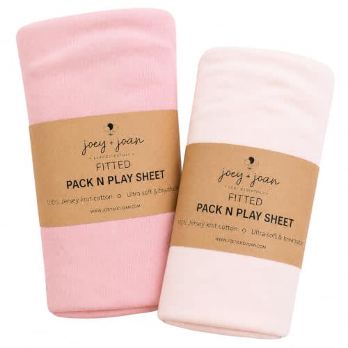 Pack and Play Sheets Fitted – Compatible with Graco Pack n Play Playard Crib and Other 27 x 39 Inch Playpen Mattress – Snuggly Soft 100% Jersey Cotton – Muted Pink + Soft Pink – 2 Pack