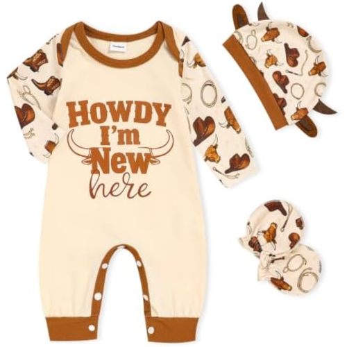 GRNSHTS Newborn Baby Boy Romper Coming Home Outfits Letter Print Bodysuit Jumpsuit+Hat+Gloves 3PCS Clothes Set