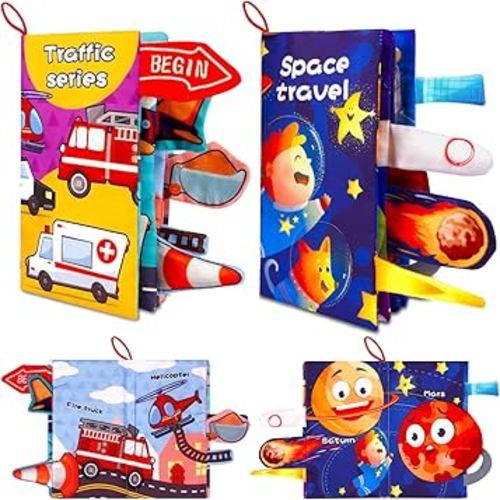 Vicloon Baby Books - 2PCS Touch & Feel Books, 6-12 Months, Transport & Space Theme, Crinkle Cloth & Soft Tummy Time Toys for Newborns