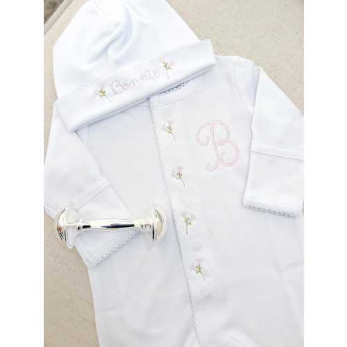 Simple Heirloom Inspired Embroidered Bundle | Picot Trim Hat and Footie | Elegant Monogram | Custom Keepsake | Baby Shower