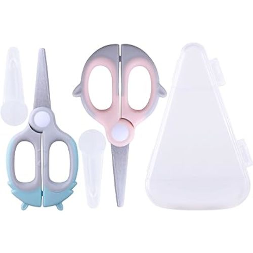 Baby Food Scissors Kicthen Shears - Healthy Portable Cute Kitchen Scissors with Dust Cover and Storage Travel Case - Ideal for Cutting Meat, Chicken, Vegetables, Fruits(Bee Blue+Panda Pink)