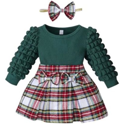 Toddler Baby Girl Plaid Dress Puff Sleeve Bow Patchwork Ribbed Shirts Dress Plaid Fall Winter Outfits with Headband
