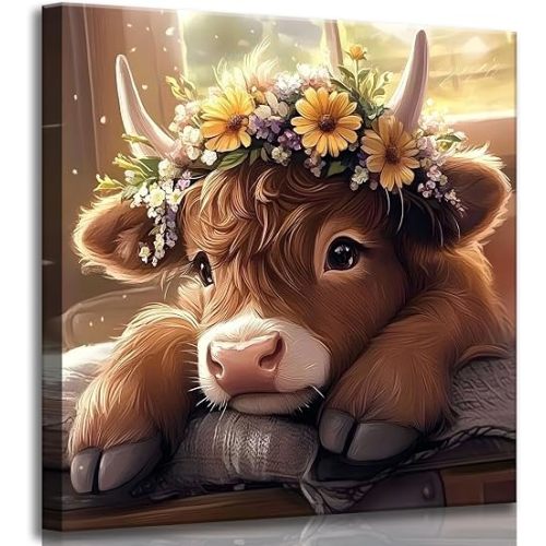 hijyord Cute Highland Cow Baby Canvas Wall Art Rustic Farmhouse Brown Daisy Calf Painting Picture Wall Decor Poster Printing Artwork for Bedroom Living Nursery Room Baby Room Home Decoration