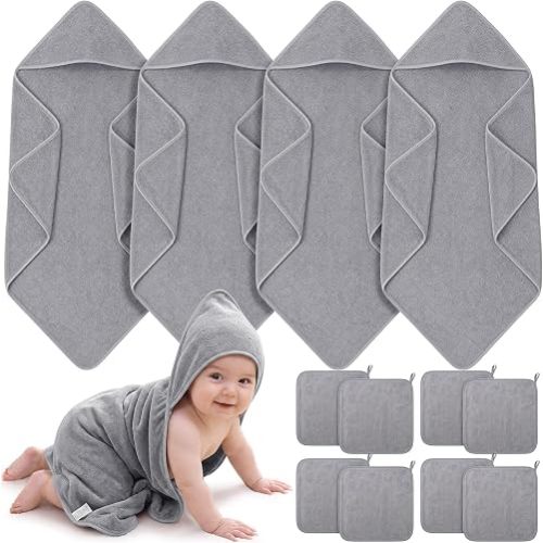 Chicplaid 12 Pcs Baby Bath Towel and Washcloths Set, Gray