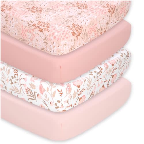 The Peanutshell 4-Pack Fitted Crib Sheet Set - Super Soft & Breathable Baby Girl Crib Sheets, Nursery Decor, Fit for Standard Mattress Cover- Whimsical Floral