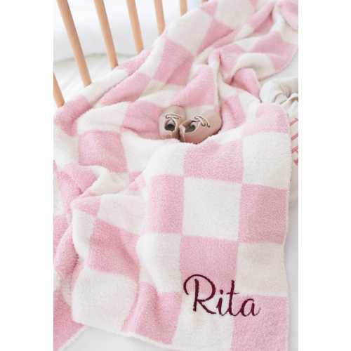 Cozy Checkered Baby Name Blanket, Personalized embroidered gift for baby showers, newborn photos, Custom embroidered checkered blanket