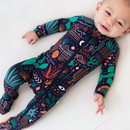 Bamboo Footie Zipper Baby Pajama - Desert Cactus Midnight Bamboo Onesie Sleeper - Mama I Wished for You Affirmation – Raising Mama