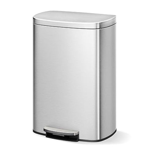 Garvee Step-on Stainless Steel Kitchen Trash Can - 13 Gal / 50 L Large Capacity, Rustproof Metal Garbage Bin with Soft Close Lid, Removable Inner Bucket & Rear Handle