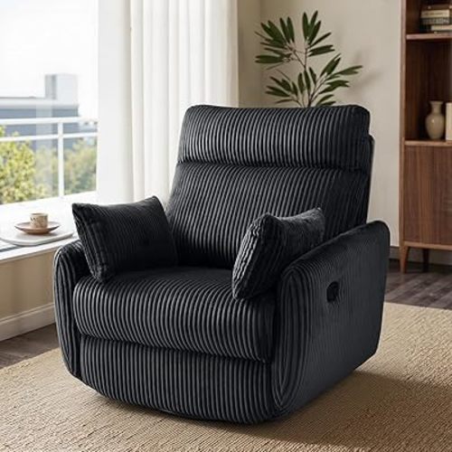 Swivel Recliner Chair for Adults, Corduroy Nursery Glider Rocking Chair, Armchair with 2 Pillows, Comfy High Back Reclining for Small Spaces, Nursery Bedroom Living Room (Corduroy Black, 1 Pack)