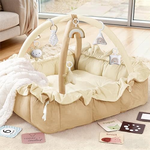 Gimnasio de Juego de Peluche 5 en 1 para Bebé, Alfombra de Juego para Bebé, Gimnasio Convertible para Bebé con Manta y 6 Juguetes, Alfombra para Tiempo de Barriga, Centro de Actividad para Bebé desde