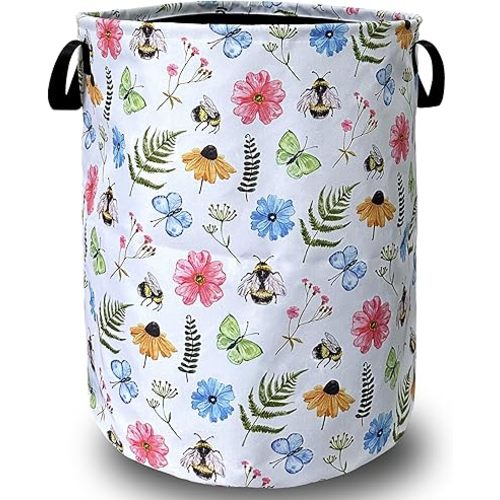 Cute Bee Floral Flowers Laundry Basket Foldable With Handles BeesTote Bag Oxford Cloth Colorful Laundry Hamper Clothes Storage Bucket Toy Organizer 18.9"x16.5" For Bathroom/Laundry/Bedroom