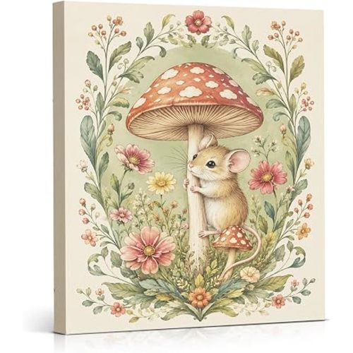 APOHBGV Mouse and Mushroom Wall Art, Cottagecore Woodland Nursery Decor