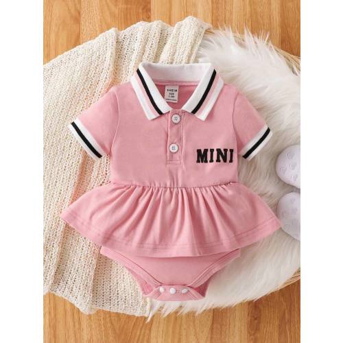 SHEIN Baby Girl's Striped Bodysuit With Collar, Casual Simple Style With Letter Print For Spring And Summer | SHEIN USA