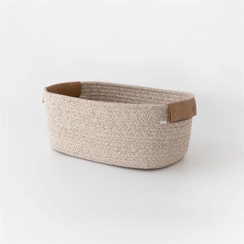 Small Cotton Woven Basket with PU Leather Handle, Baby Kids Clothes Toys Candy Gifts Cotton Rope Organizer, Living Room Basket Bathroom Shower Storage Laundry Basket, Dog Cat Bed, Cute Decor, Coffee