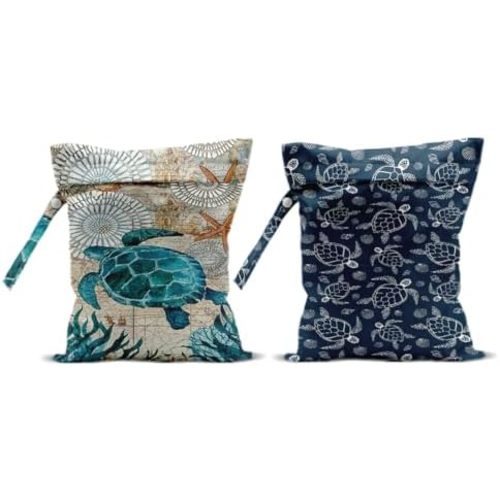 2Pcs Turtle Wet Bags 12x10 Inch, Shells Starfish Waterproof Wet Dry Bags, Sea Weed Washable Travel Laundry Bag for Swimsuit Beach Diapers Dirty Yoga Gym Clothes, Sea Turtle Gifts for Women Friend