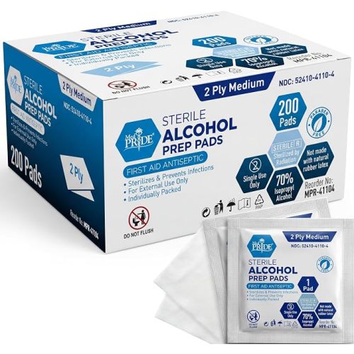 MED PRIDE Sterile Alcohol Prep Pads, Antiseptic, 70% Isopropyl, Individually Wrapped, Medical Grade 2 Ply Wipes (200 Count (Pack of 1) White)