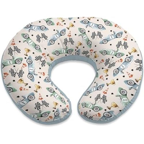 Nursing Pillow Cover for Boys Shower Gift, Stretchy Removable Breastfeeding Pillow Case, Soft Bottle Feeding Slipcover for Newborn, Retro Race Car Theme Cover Only