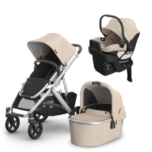 UPPAbaby Vista V3 Travel System Bundle (Stroller / Bassinet / Aria V2) - Declan (Oat Melange/Silver Frame/Chestnut Leather)