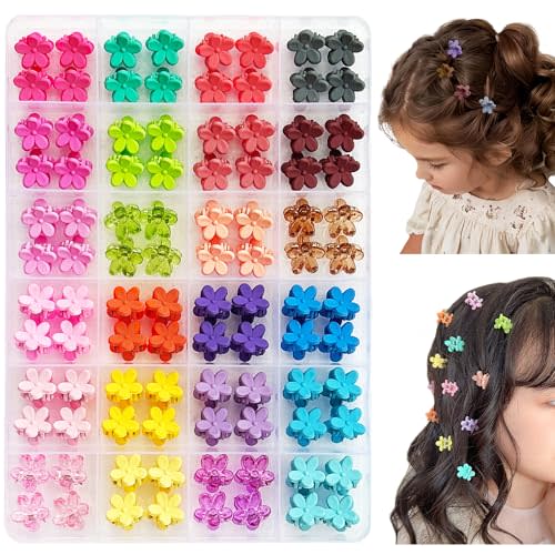 EleMirsa 96pcs Baby Girl Hair Clips - 24 Multicolors Mini Flower Claw Clips in Organizer Box