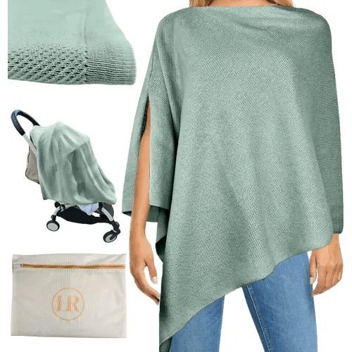 Little Rou Peekaboo Nursing Cover Up for Breastfeeding - Breathable Knit - Soft Organic Cotton & Cashmere Breast Feeding Poncho for Women - Privacy Feature - Includes Mesh Laundry Bag (Sage)