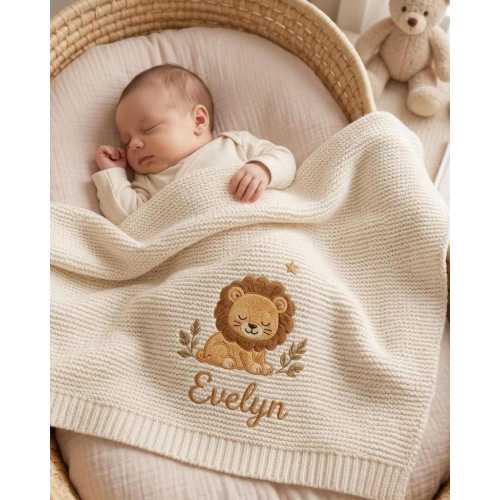 Personalized Lion Woodland Embroidered Baby Blanket With Name, Custom Animal Safari Knit Swaddle Nursery Keepsake, Gift For Home Decor