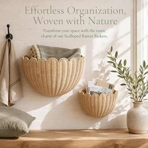 Scalloped Wall Basket Set of 2, Hanging Wicker Wall Baskets