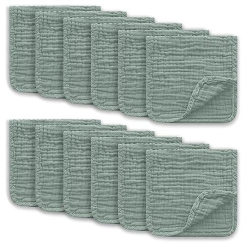 Muslin Burp Cloths Large 100% Cotton Hand Washcloths for Boys & Girls, Baby Essentials Extra Absorbent and Soft Burping Rags for Newborn Registry (Green, 12-Pack, 20" X10")