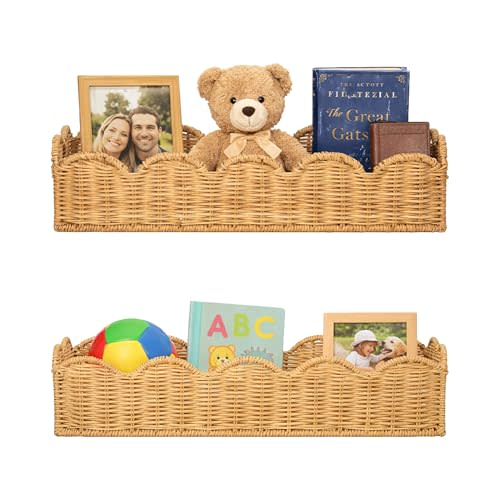 Nursery Book Shelves Set of 2 , Natural Rattan Handwoven Scalloped Floating Shelves , Wicker Rattan Nursery bookshelves, 15.8" W Wall Storage Baskets for kids,Boho , 3 in 1 Shelf ,Tray and Organizer