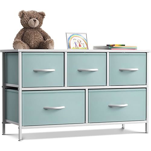 Sorbus Kids Dresser with 5 Drawers - Storage Chest Organizer Unit with Steel Frame, Wood Top, Easy Pull Fabric Bins - Long Wide TV Stand for Bedroom Furniture, Hallway, Closet & Office Organization